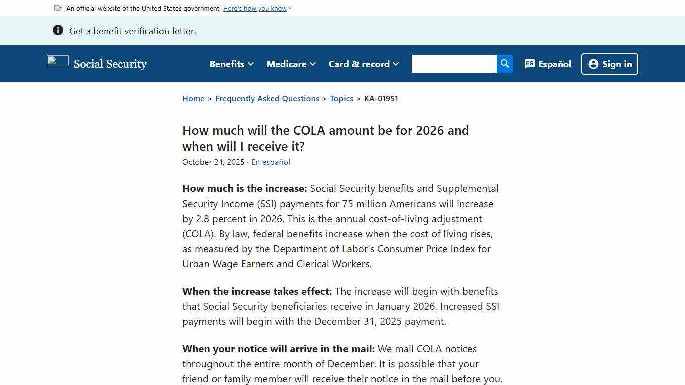 How much will the COLA amount be for 2026 and when will I receive it? Frequently Asked Questions SSA